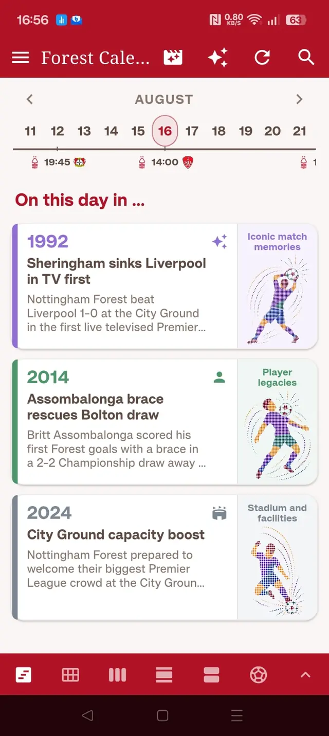 Nottingham Forest Calendar timeline screen