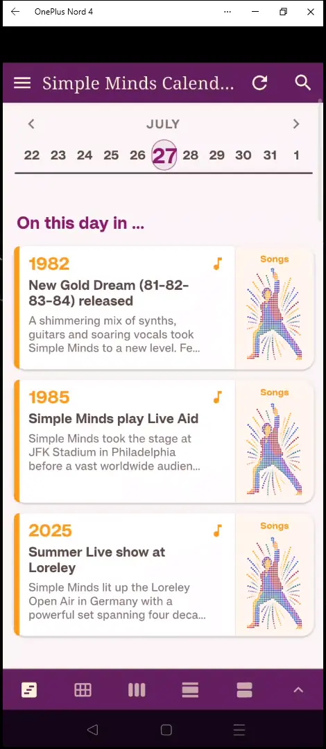 Simple Minds Calendar timeline screen
